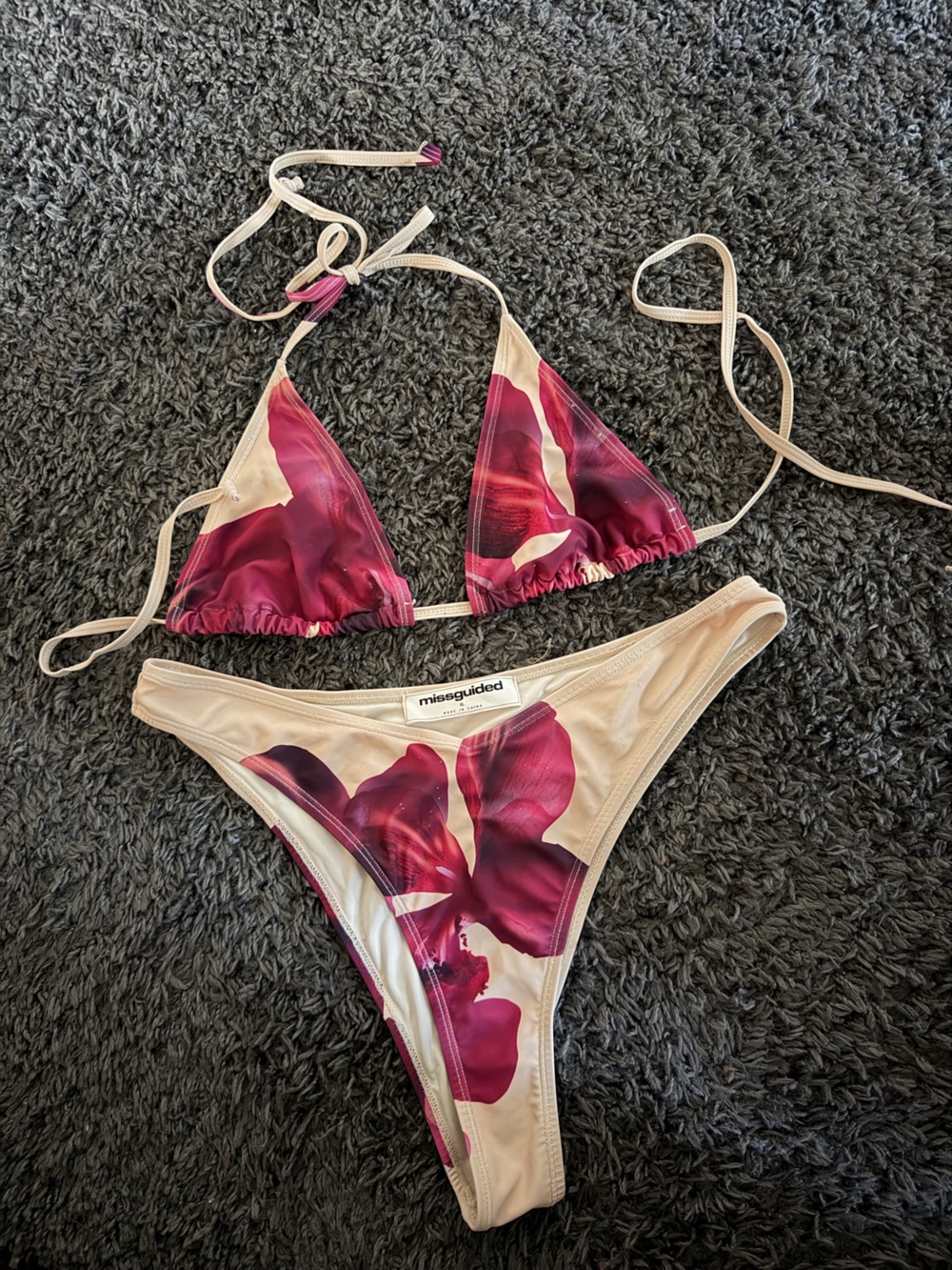 Missguided + Cream and Pink Floral Triangle Bikini Set